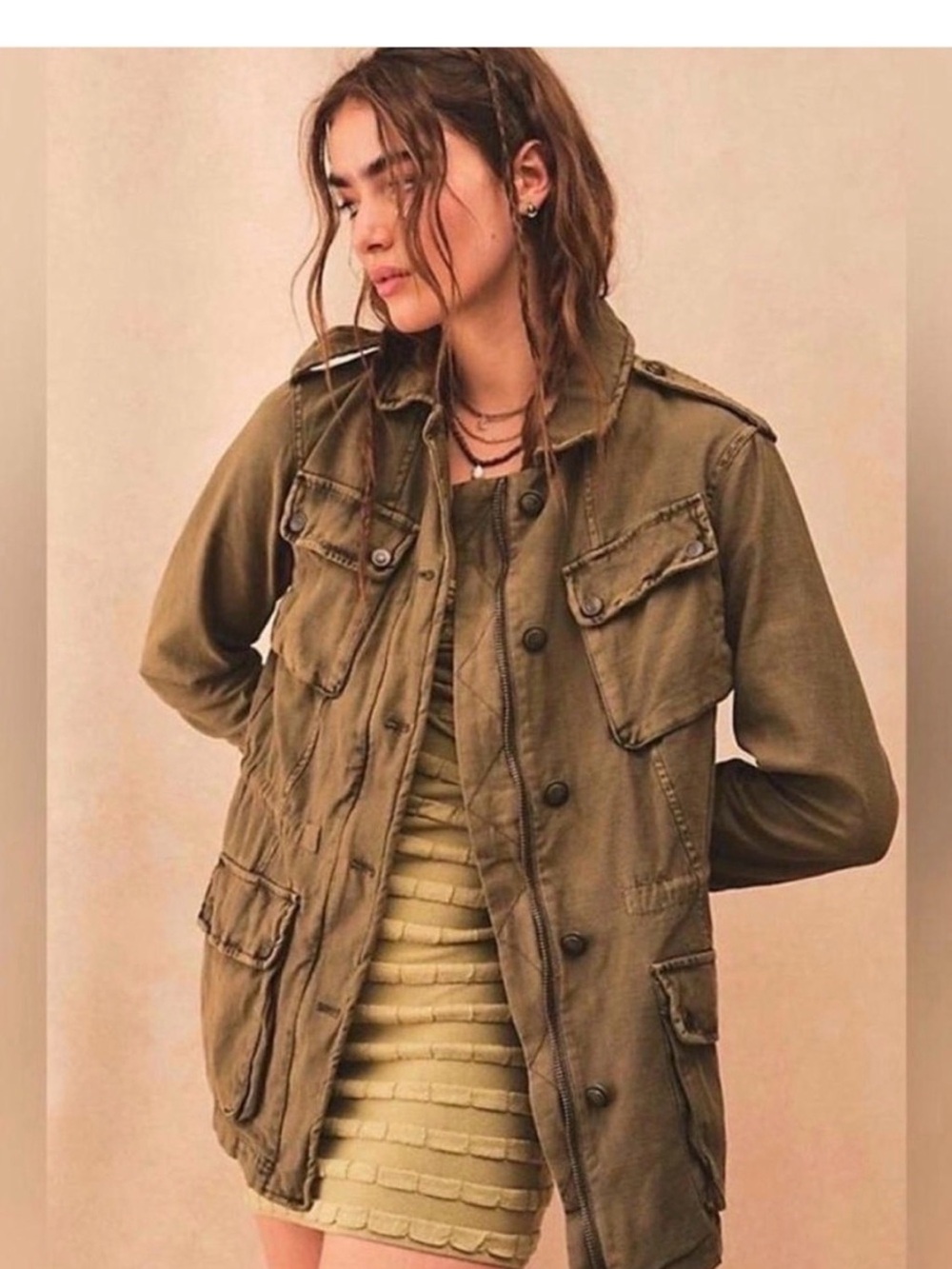 Free People Olive Green Utility Jacket with Front Pockets